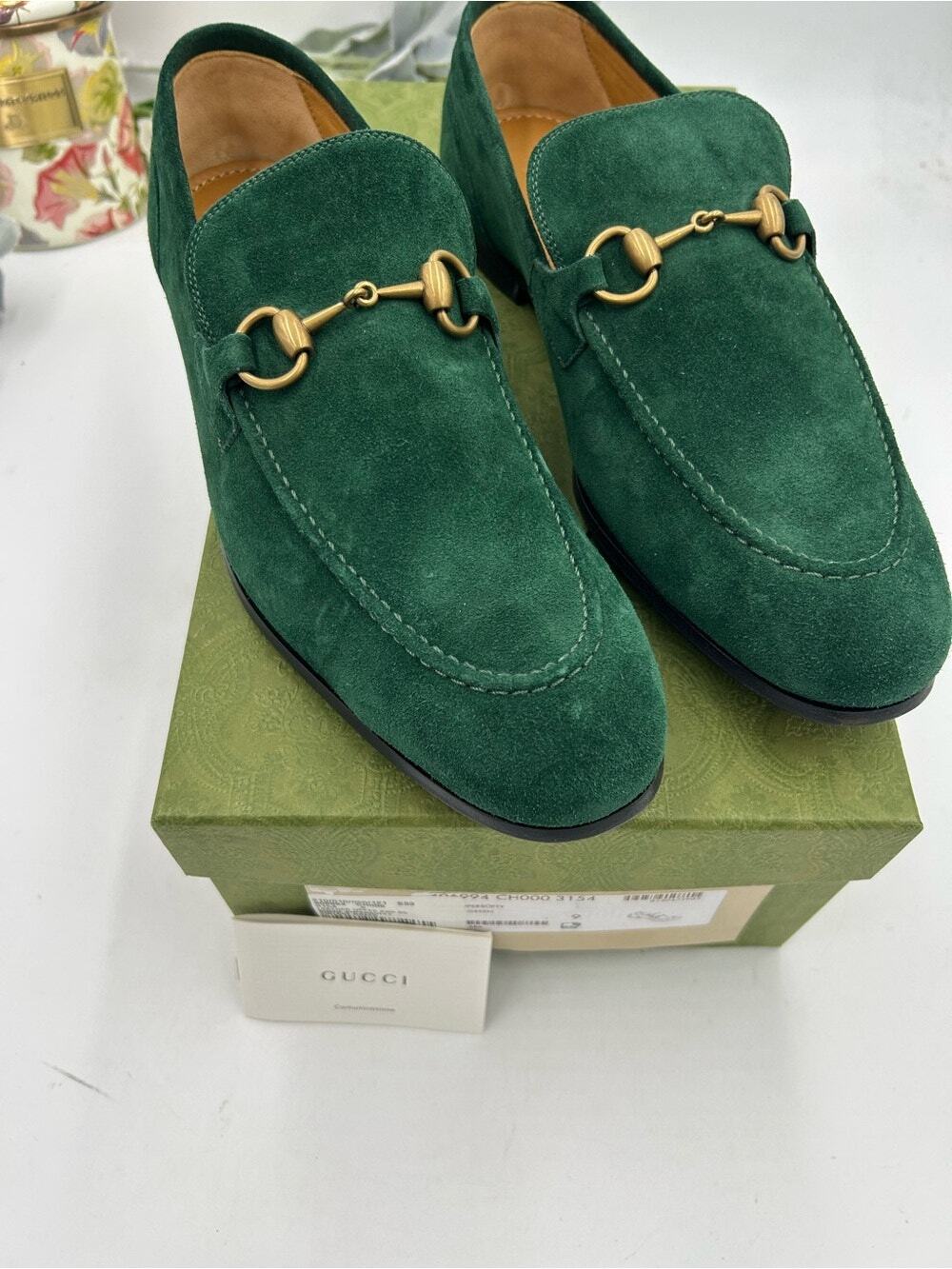 Men's Gucci green suede horse bit JORDAAN loafers size 9 fits 9.5 US made italy
